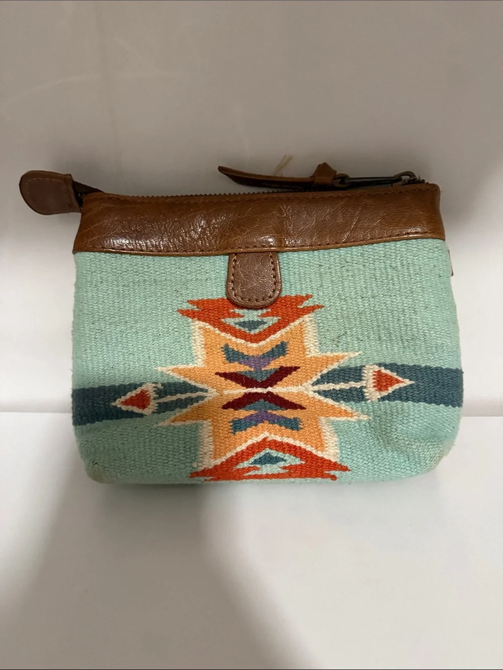 STS Ranchwear Brown Leopard Patchwork Cosmetic Wristlet with Red Orange Stripe